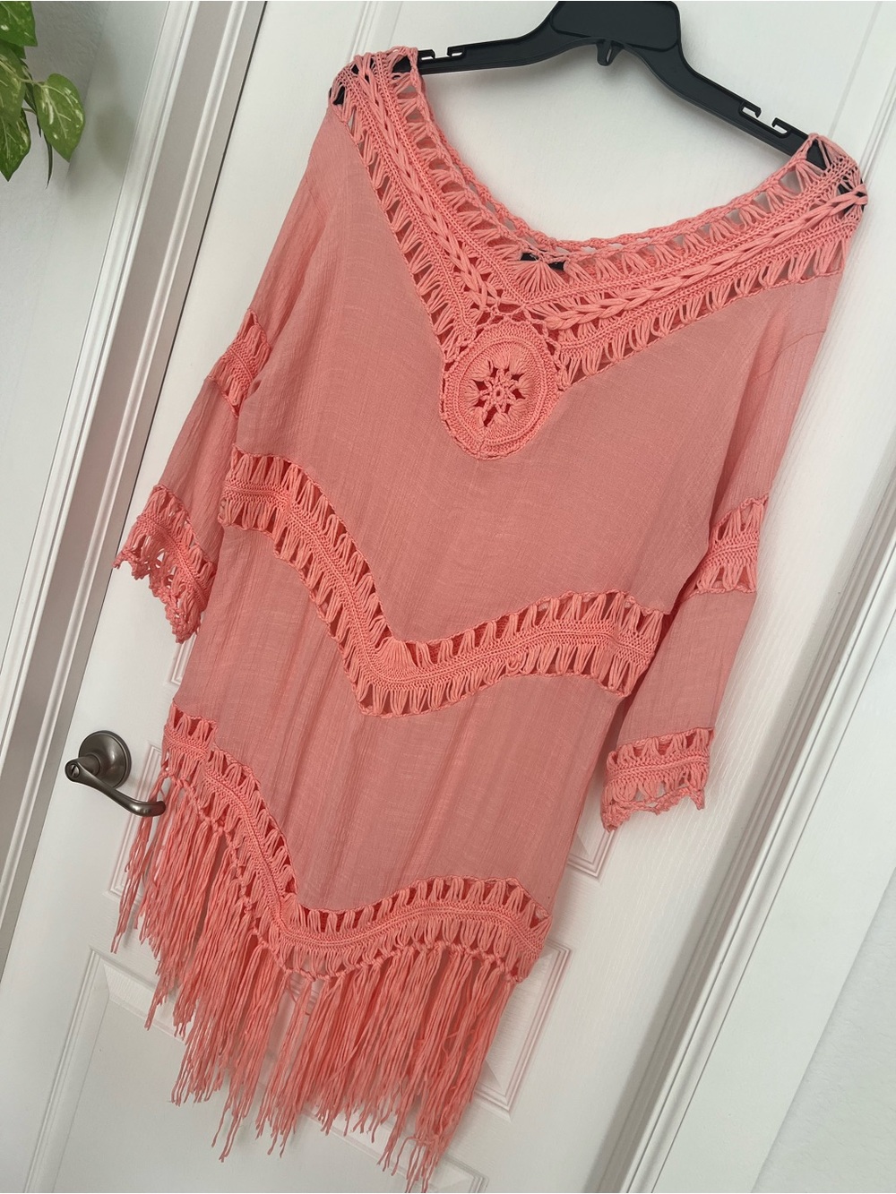 Crochet Fringe Beach Cover-Up Tunic in Coral Boho Vacation One Size Fun & Flirty